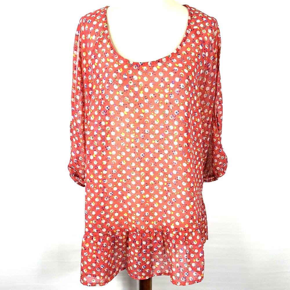 Antilia Femme Womens SheerTop Coral Print 3/4 Slit Sleeve Ruffle Hem Tunic L/XL?